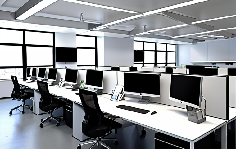 **A modern, paperless office environment. Bright, organized space with employees using computers, collaborating efficiently, and minimal paper in sight. Emphasis on digital displays and a clean, streamlined design.**